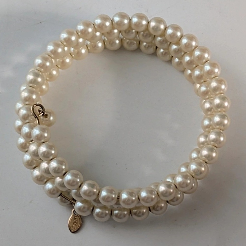 Monet Faux Pearl Wrap Bracelet Triple Row Cream Gold Tone Logo Charm Vintage